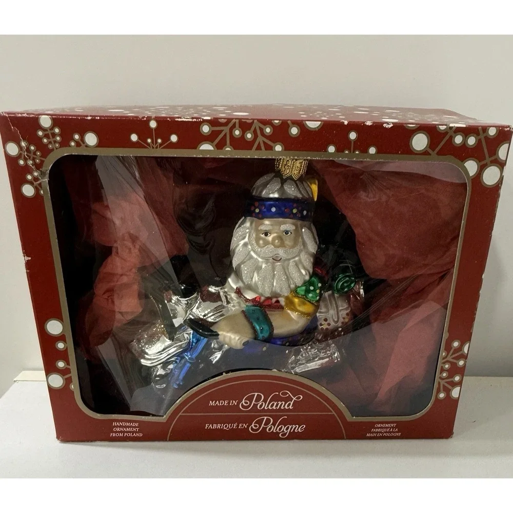 Max Glass Santa Claus Riding Motorcycle Blown Glass Christmas Ornament Poland